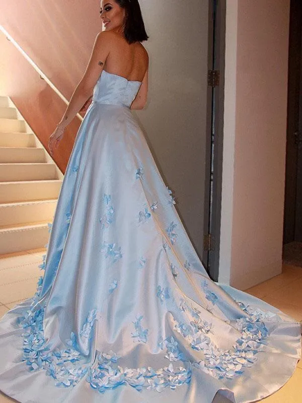 Simple A-Line Strapless Stain Long Prom Dress With Appliques, Evening Dress CMS211133