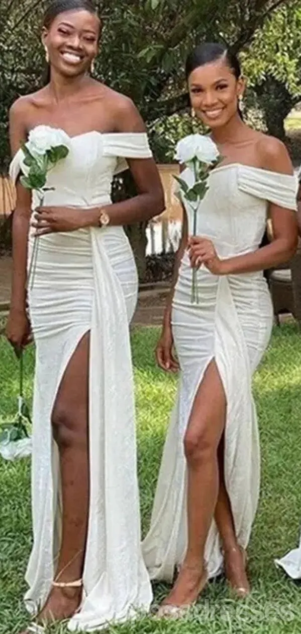 Simple White Mermaid Off Shoulder High Slit Cheap Long Bridesmaid Dresses,WG1336