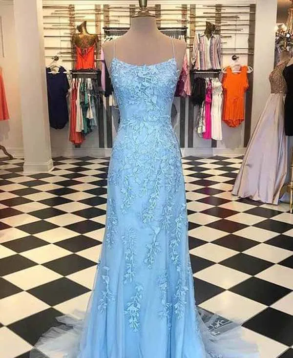 Sky Blue Mermaid Spaghetti Straps Backless Long Prom Dresses Formal Dress, SP356
