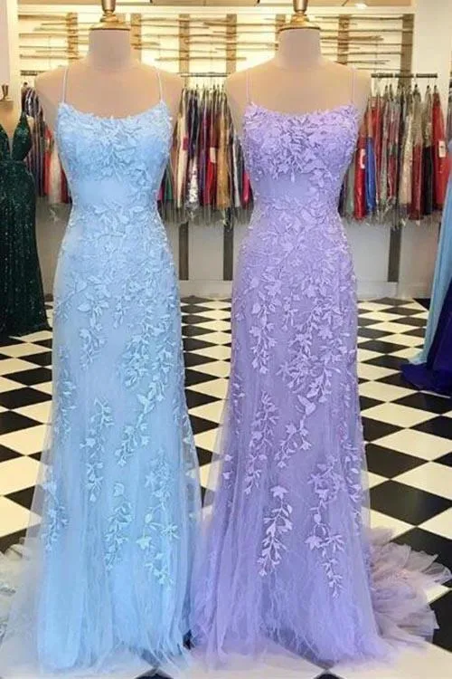 Sky Blue Mermaid Spaghetti Straps Backless Long Prom Dresses Formal Dress, SP356