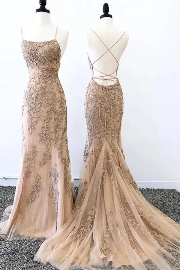 Sky Blue Mermaid Spaghetti Straps Backless Long Prom Dresses Formal Dress, SP356
