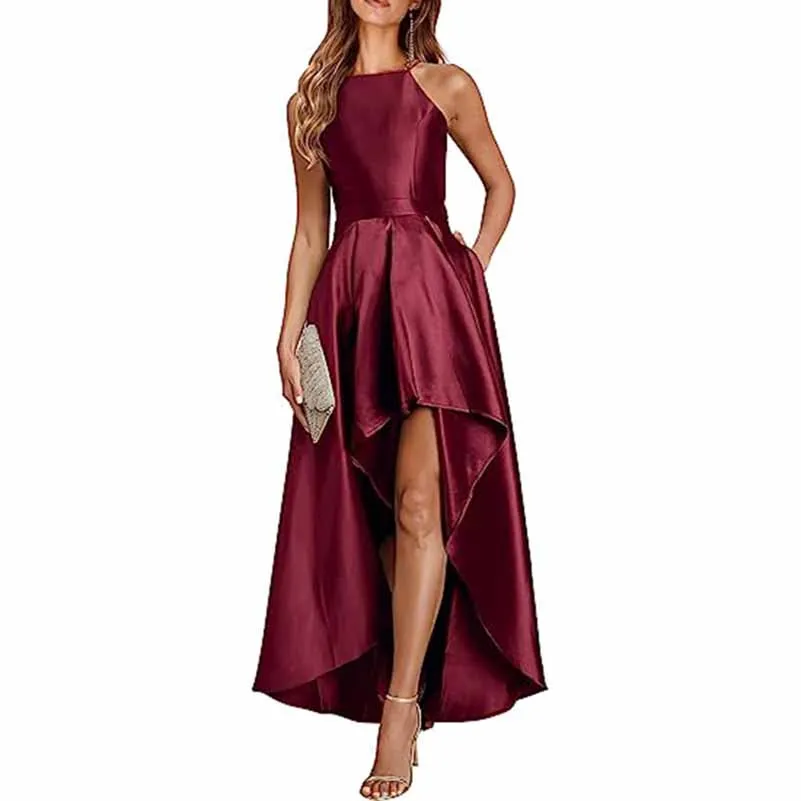 Sleeveless Satin Wedding Guest Outfit A Line Bridesmaid Dress High-Low Prom Dress