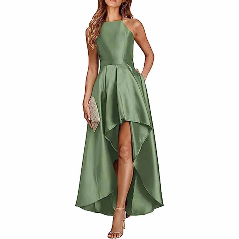 Sleeveless Satin Wedding Guest Outfit A Line Bridesmaid Dress High-Low Prom Dress