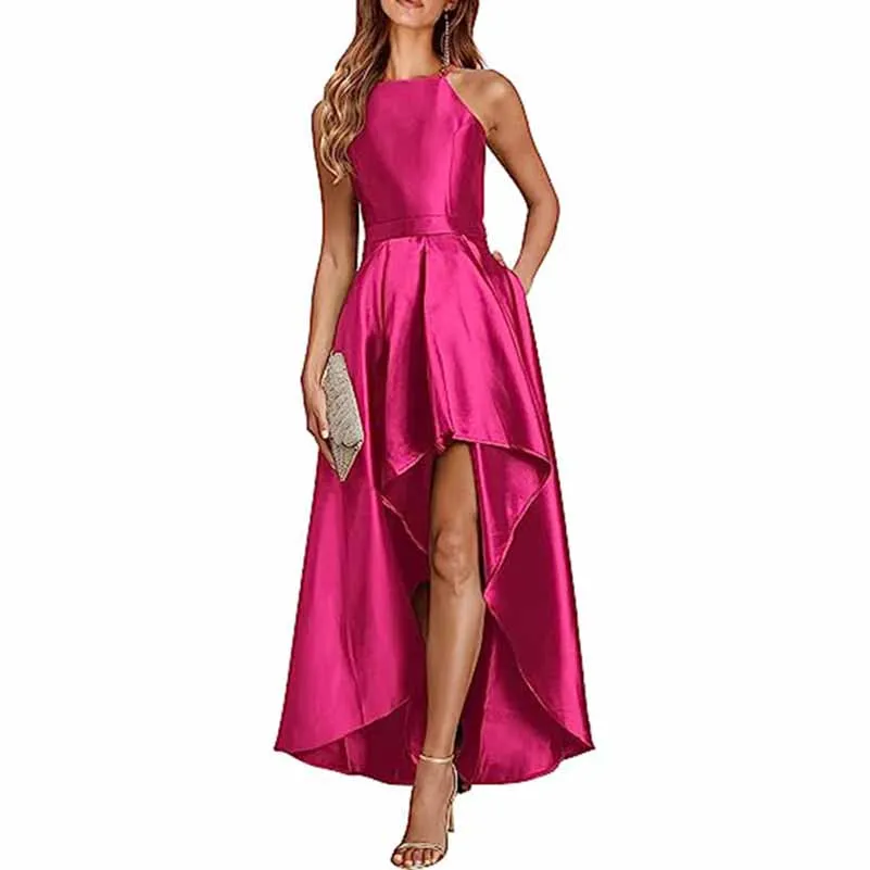 Sleeveless Satin Wedding Guest Outfit A Line Bridesmaid Dress High-Low Prom Dress