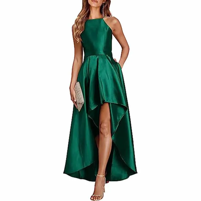 Sleeveless Satin Wedding Guest Outfit A Line Bridesmaid Dress High-Low Prom Dress