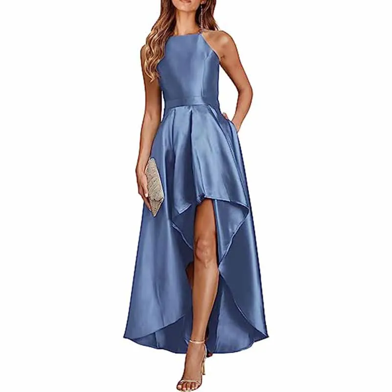 Sleeveless Satin Wedding Guest Outfit A Line Bridesmaid Dress High-Low Prom Dress