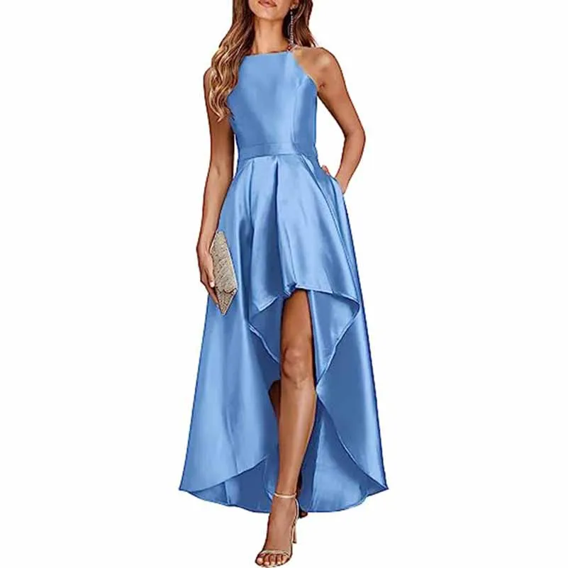 Sleeveless Satin Wedding Guest Outfit A Line Bridesmaid Dress High-Low Prom Dress