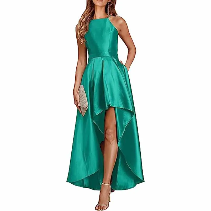Sleeveless Satin Wedding Guest Outfit A Line Bridesmaid Dress High-Low Prom Dress