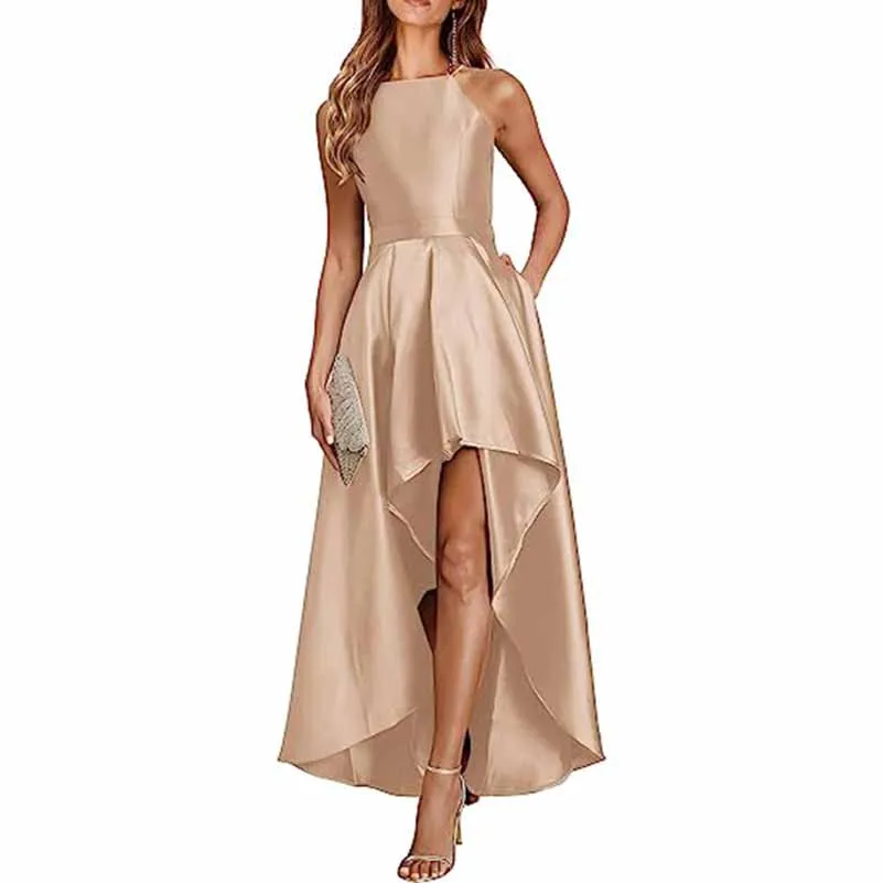 Sleeveless Satin Wedding Guest Outfit A Line Bridesmaid Dress High-Low Prom Dress