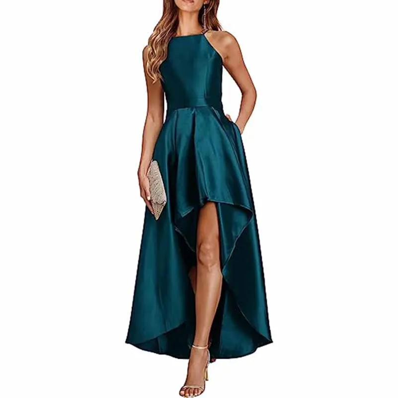 Sleeveless Satin Wedding Guest Outfit A Line Bridesmaid Dress High-Low Prom Dress