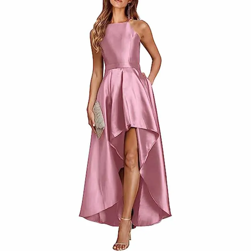 Sleeveless Satin Wedding Guest Outfit A Line Bridesmaid Dress High-Low Prom Dress