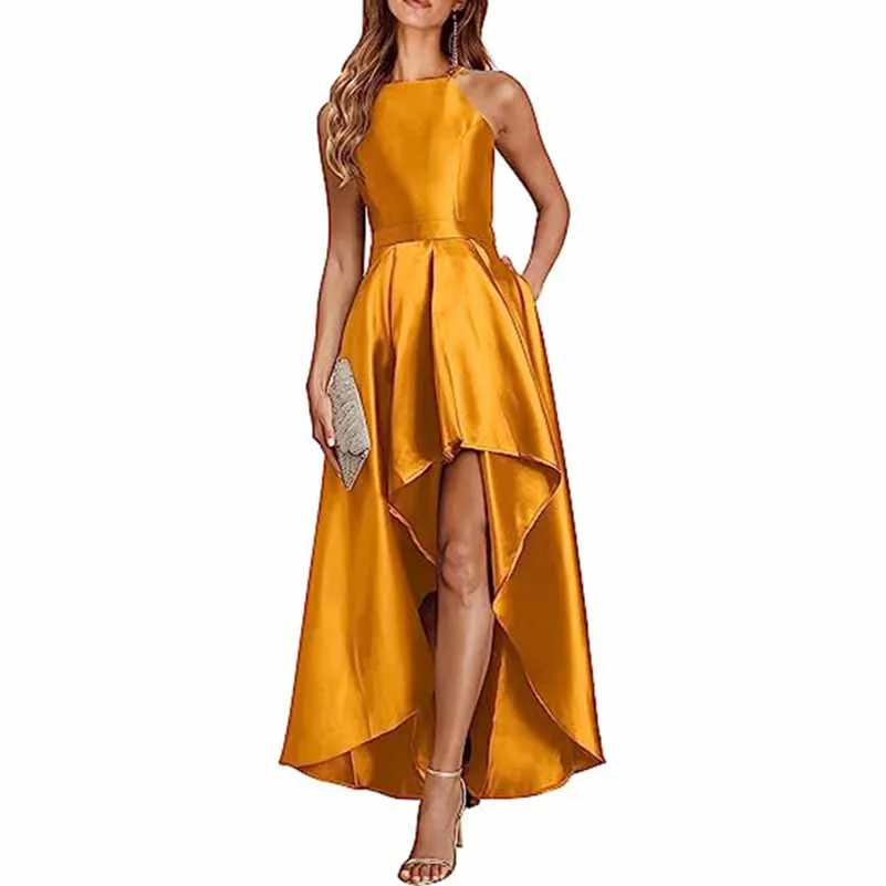 Sleeveless Satin Wedding Guest Outfit A Line Bridesmaid Dress High-Low Prom Dress