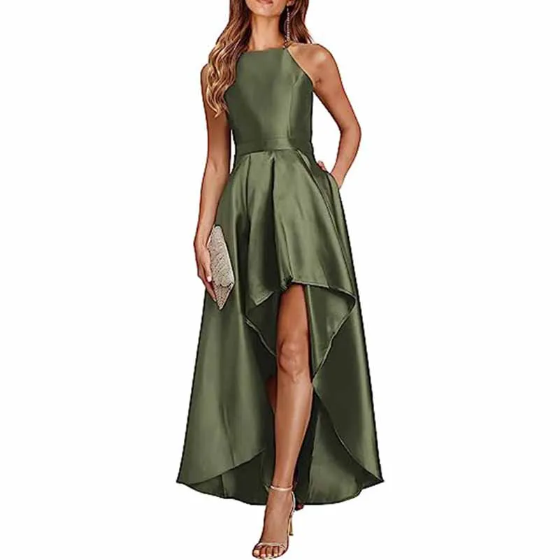 Sleeveless Satin Wedding Guest Outfit A Line Bridesmaid Dress High-Low Prom Dress