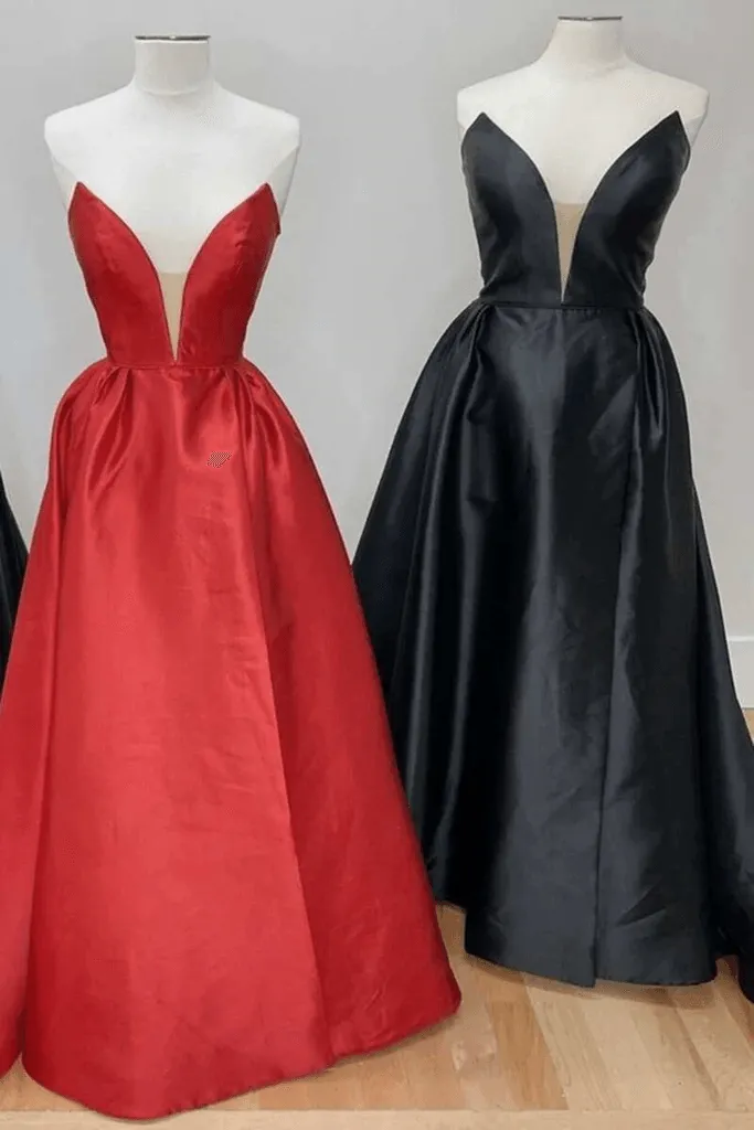Strapless V Neck Open Back Red/Black Satin Long Prom Dress with High Slit TP1122