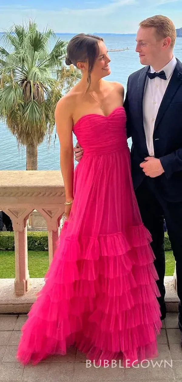 Sweet Heart A-lin Hot Pink Straps Long Evening Prom Dresses, Custom Prom Dress, BGS0220