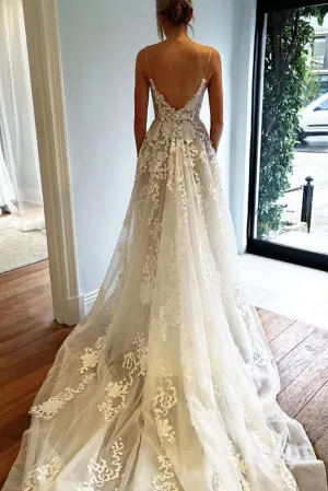 Sweetheart Spaghetti Wedding Dresse,Sweep Train Open Back Beach Wedding Gown,SW79