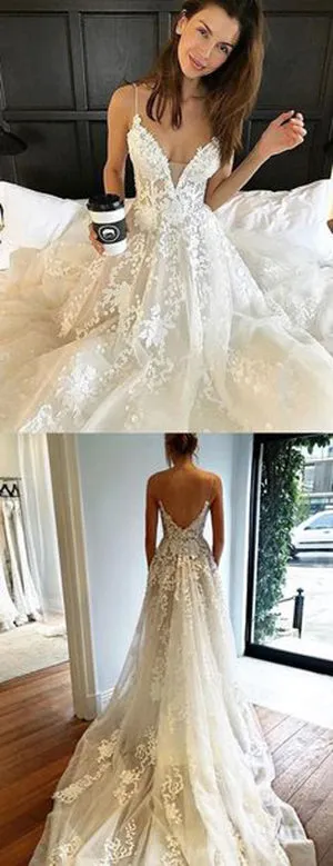 Sweetheart Spaghetti Wedding Dresse,Sweep Train Open Back Beach Wedding Gown,SW79