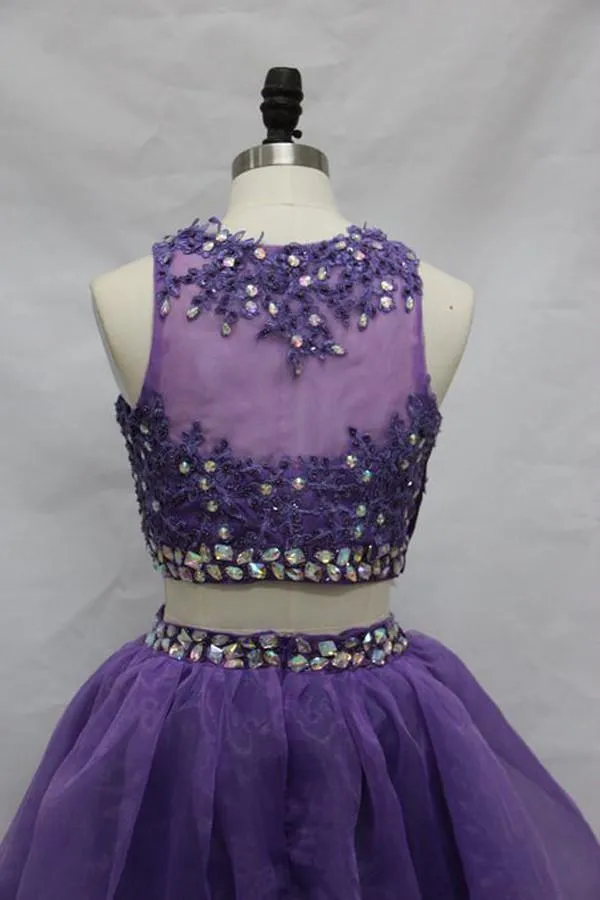 Two Pieces Jewel  Length Tulle Homecoming Dress With Beads Appliques TR0145
