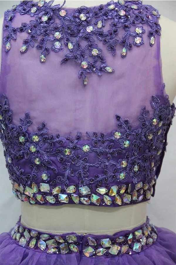 Two Pieces Jewel  Length Tulle Homecoming Dress With Beads Appliques TR0145