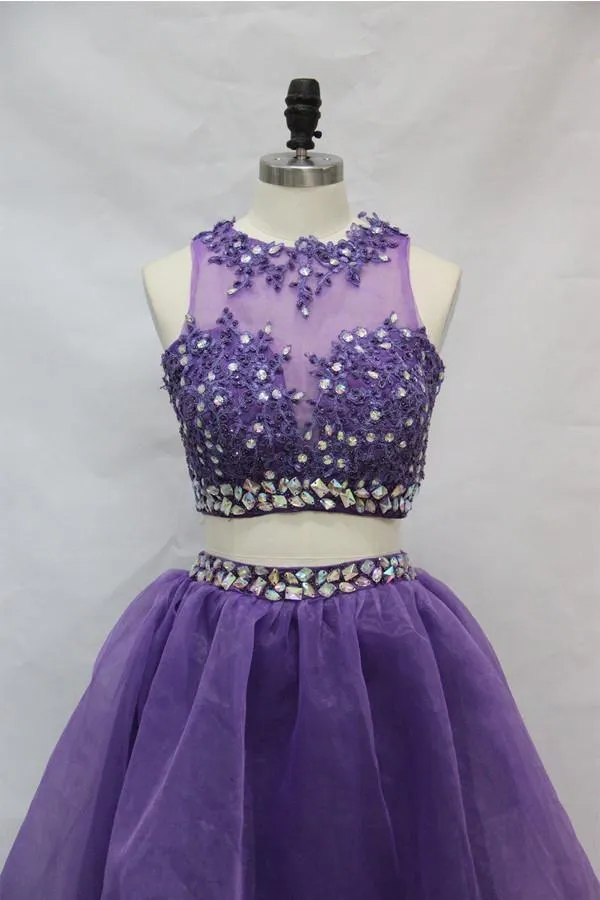 Two Pieces Jewel  Length Tulle Homecoming Dress With Beads Appliques TR0145