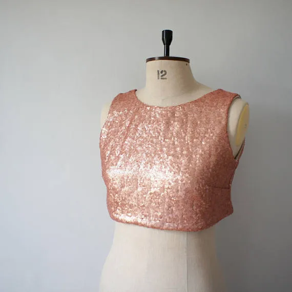 Two Pieces Rose Gold Sequin Top Tulle Prom/Evening/Bridesmaid/Wedding Dress