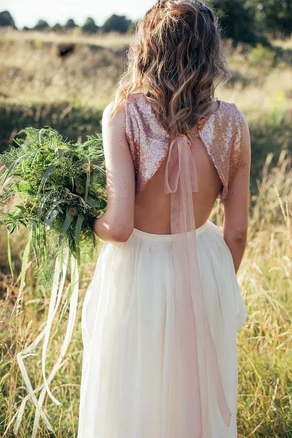 Two Pieces Rose Gold Sequin Top Tulle Prom/Evening/Bridesmaid/Wedding Dress