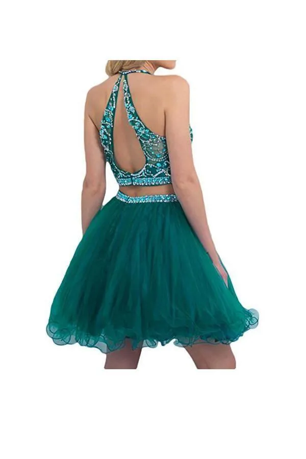 Two Pieces Tulle Short with Beaded Green Homecoming Dress  PG046