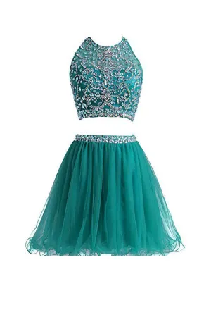 Two Pieces Tulle Short with Beaded Green Homecoming Dress  PG046