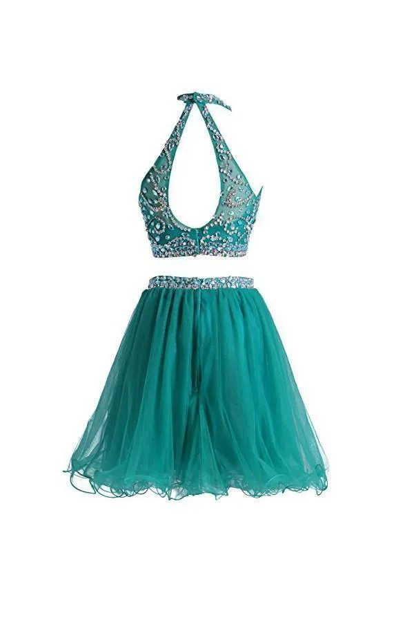Two Pieces Tulle Short with Beaded Green Homecoming Dress  PG046
