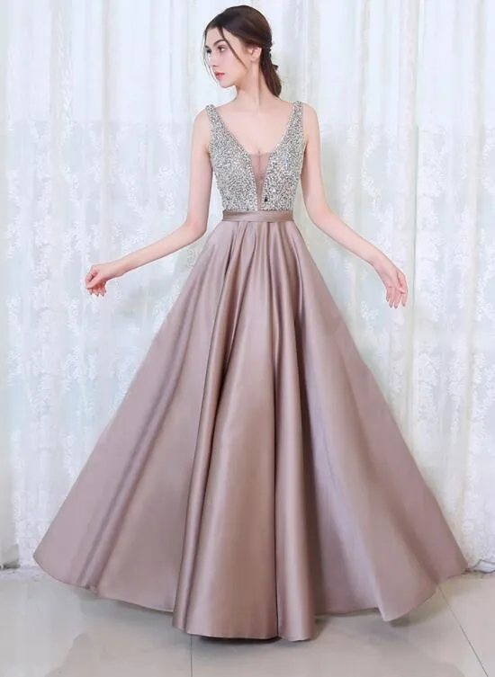 V-neckline Soft Satin Sequins Top A-line Prom Dress, Beautiful Party Dress Evening Dress