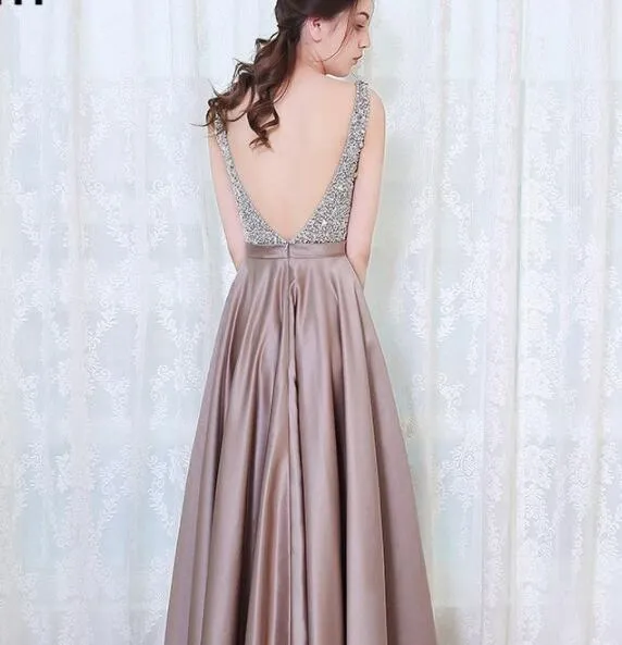 V-neckline Soft Satin Sequins Top A-line Prom Dress, Beautiful Party Dress Evening Dress