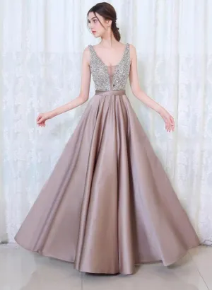 V-neckline Soft Satin Sequins Top A-line Prom Dress, Beautiful Party Dress Evening Dress