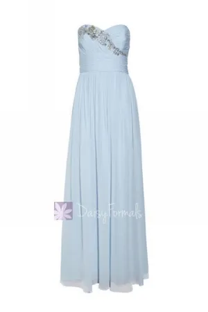 Vintage Blue Chiffon Dress Cloudy Prom Dress Strapless Beaded Evening Dress (Natalie)