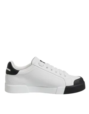 White Black Leather Low Top Sneakers Shoes