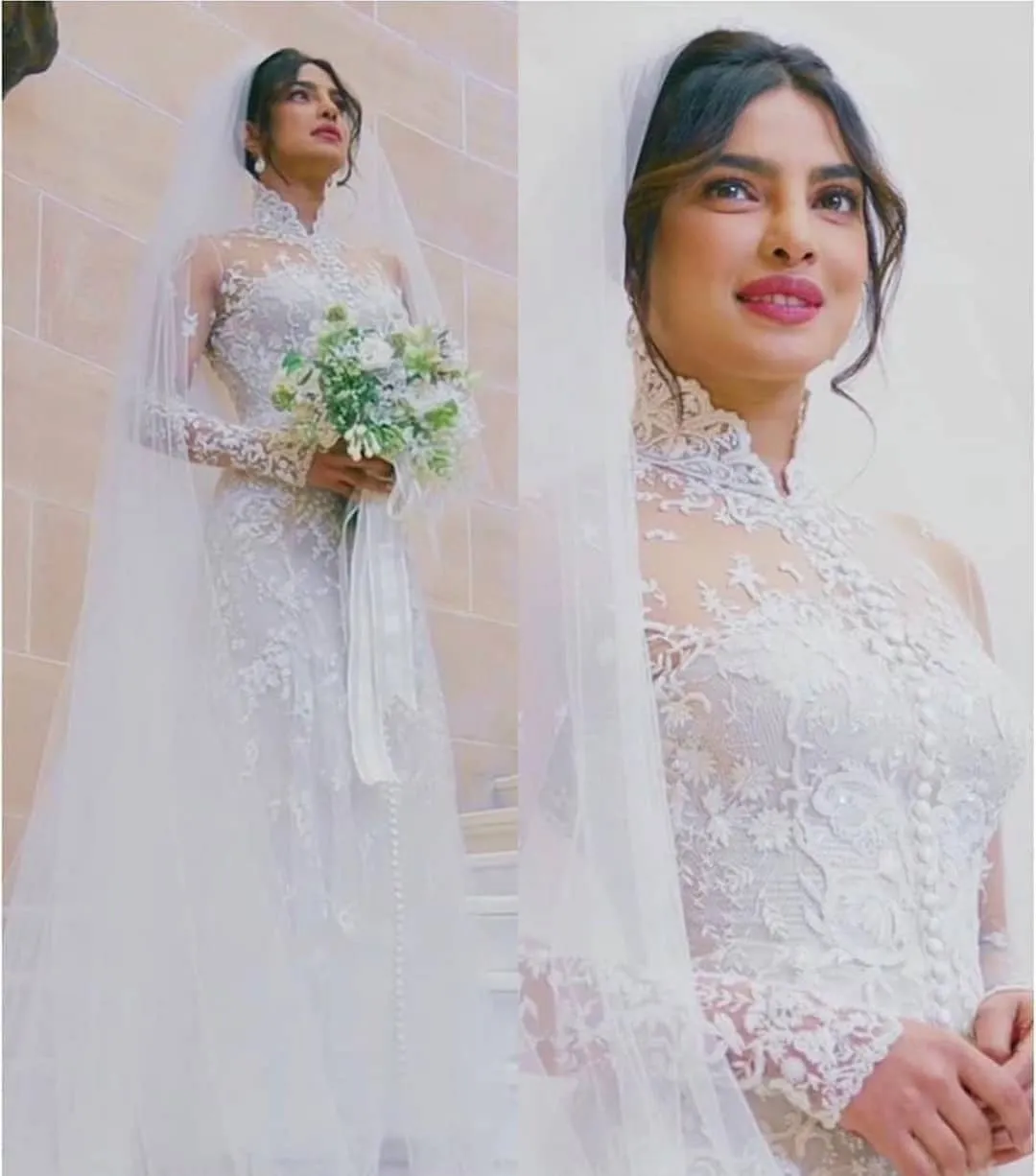 White Priyanka Chopra Lace Long Sleeves High Neck Wedding Dress Celebrity Sheer Bridal Dress For Sale Online