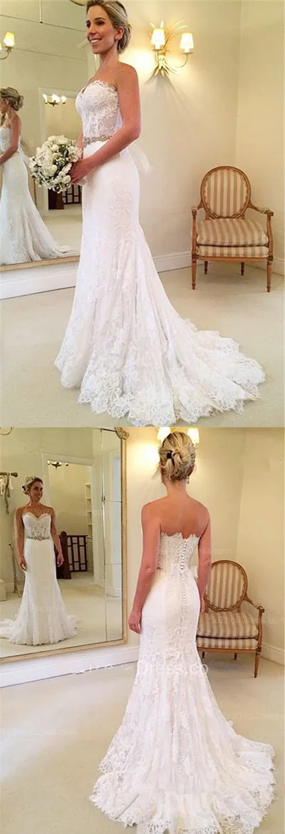 White Sweetheart Lace Court Train Mermaid  Wedding Dresses | Bridal Gowns, SW264