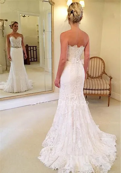 White Sweetheart Lace Court Train Mermaid  Wedding Dresses | Bridal Gowns, SW264