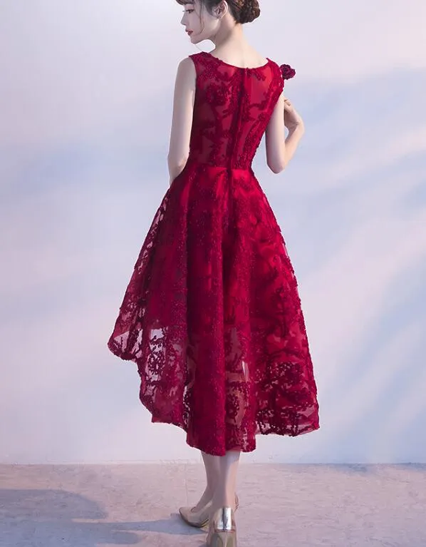Wine Red Lace High Low Charming Formal Dress, Junior Party Dress, Cute Prom Dress