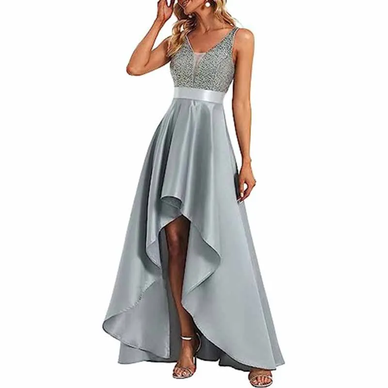 Women Satin Bridesmaid Dress High-Low Wedding Guest Dress
