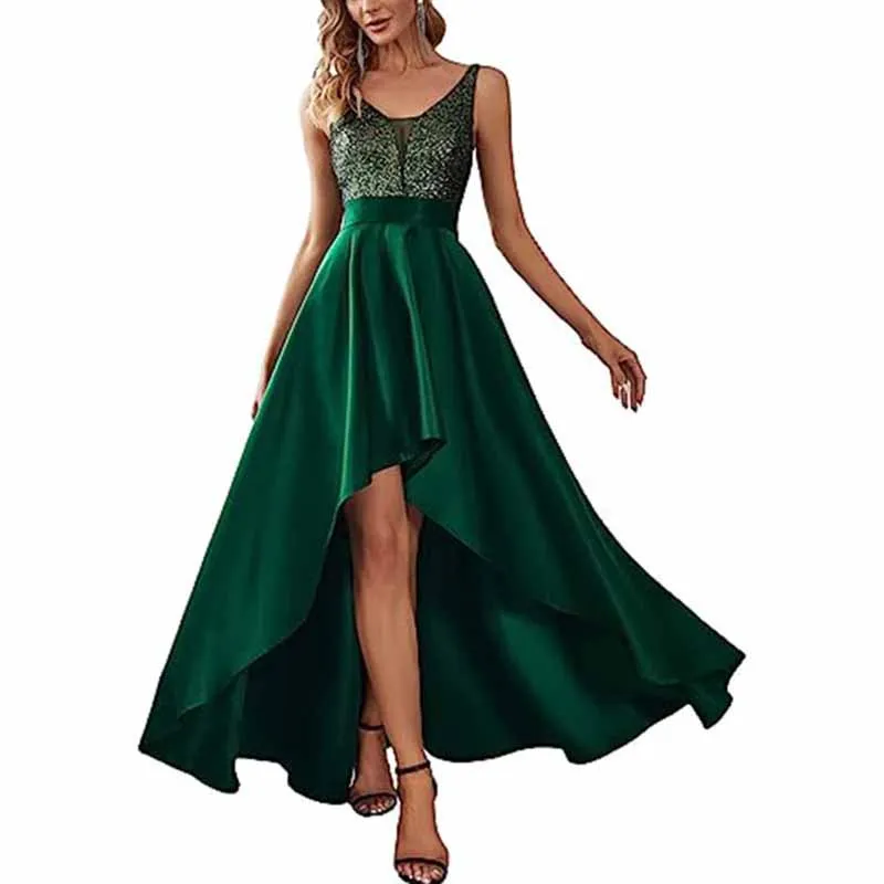 Women Satin Bridesmaid Dress High-Low Wedding Guest Dress