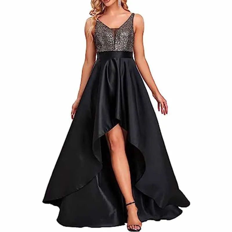 Women Satin Bridesmaid Dress High-Low Wedding Guest Dress