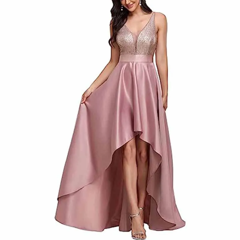 Women Satin Bridesmaid Dress High-Low Wedding Guest Dress