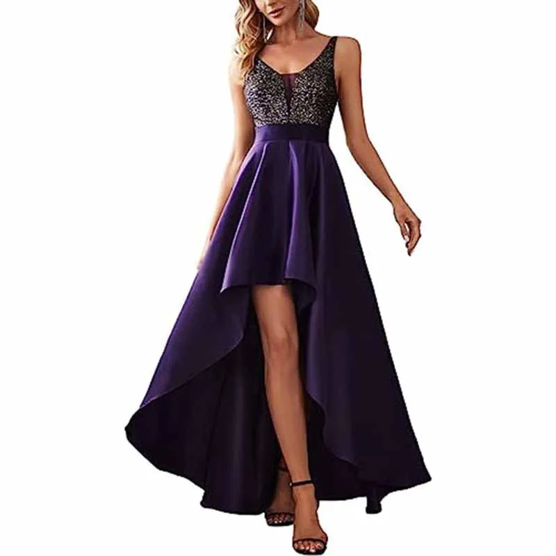 Women Satin Bridesmaid Dress High-Low Wedding Guest Dress