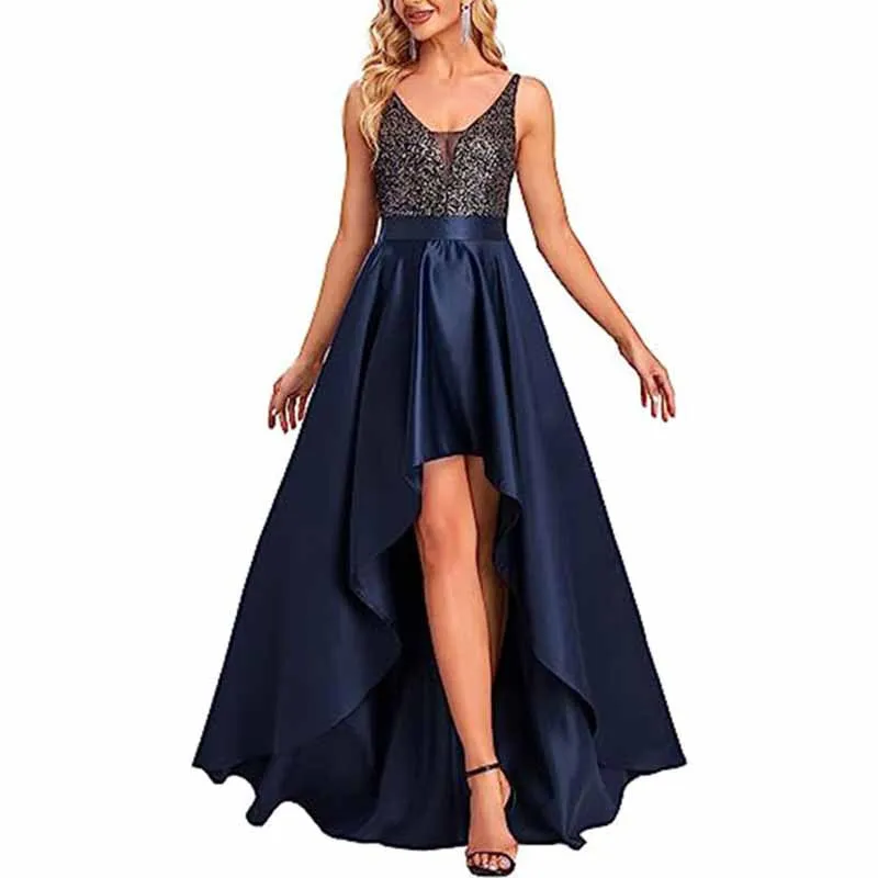Women Satin Bridesmaid Dress High-Low Wedding Guest Dress