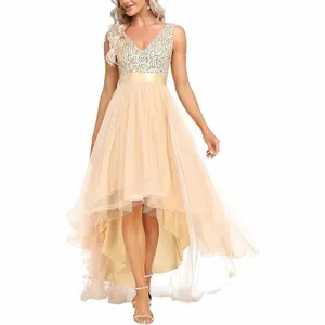 Women Sequin Bridesmaid Dress High-Low Tutu Wedding Guest Dress