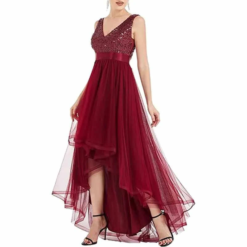 Women Sequin Bridesmaid Dress High-Low Tutu Wedding Guest Dress
