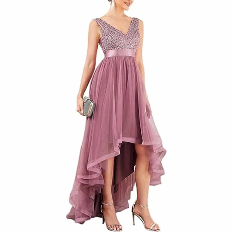 Women Sequin Bridesmaid Dress High-Low Tutu Wedding Guest Dress