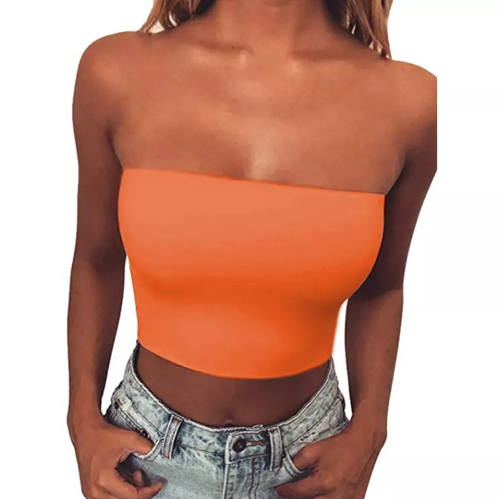 Women's Tube Tops Strapless Sexy Crop Top Solid Color Stretchy Tank Tops Camis