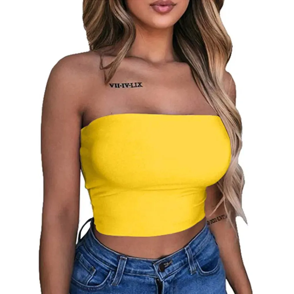 Women's Tube Tops Strapless Sexy Crop Top Solid Color Stretchy Tank Tops Camis
