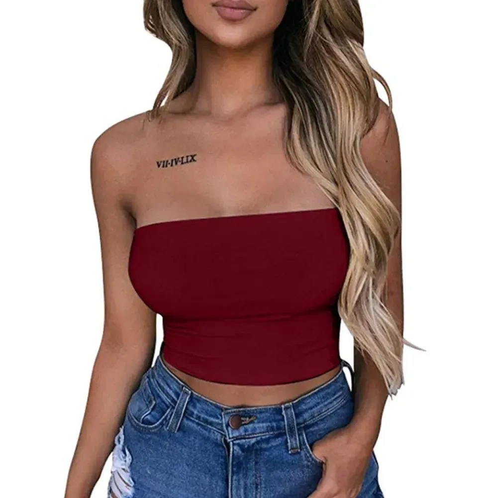 Women's Tube Tops Strapless Sexy Crop Top Solid Color Stretchy Tank Tops Camis